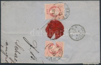 1870 3 x 5kr ajánlott levélen, a hátoldali 2 bélyeg bontásnál eltépve / 3 x 5kr on registered cover, 2 stamps on the backside teared 'SEGESVÁR' - 'WIEN'
