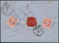 1871 3 x 5kr ajánlott levélen, a hátoldali 2 bélyeg bontásnál eltépve / 3 x 5kr on registered cover, 2 stamps on the backside teared 'ILLOK' - 'OSIEK-ESSEK' - 'PEST' Signed: Ferchenbauer