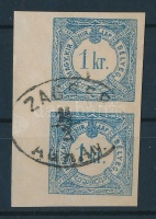 1868 Hírlapilleték bélyeg 1kr függőleges ívszéli pár / Newspaper duty stamp vertical margin pair 'ZAGREG AGRAM'