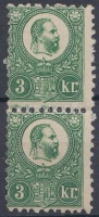 1871 Réznyomat 3kr függőleges pár eredeti gumival, enyhe falcnyomokkal. Függőleges párban rendkívül ritka!