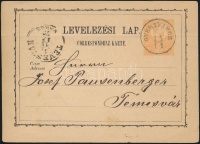 1872 2kr díjjegyes levelezőlap / PS-card 'GYERTYÁMOS' - 'TEMESVÁR/VÁROS'