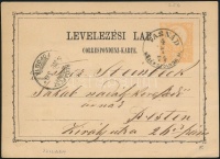 1874 2kr díjjegyes levelezőlap / PS-card 'TASNÁD/KÖZÉP SZOLNOK M.' - 'BUDAPEST'