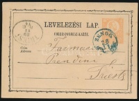 1874 2kr díjjegyes levelezőlap 'ZENGG' kék / blue