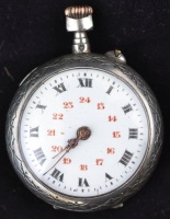 Ezüst zsebóra, Ag., bruttó:22,4gr., jelzés nélkül, működik, d:3cm , akasztó hiányzik/ Silver pocket watch,  Ag, gross: 22,4gr, withouth hallmark, operate, Hanger missing, d: 3cm