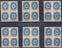 1874 Távirda sor 6 db krajcáros értéke, az eredeti nyomólemezekről készült fogazatlan próbanyomatok kartonpapíron, fogazatlan négyes tömbökben / Telegraph stamp Kreuzer values, 6 different proofs imperforate blocs of 4 on cardboard