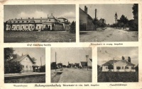 Bakonyszombathely, csendőrlaktanya, vasútállomás, Gróf Eszterházy kastély, utcarészletek a Római Katolikus és Evangélikus templomokkal, kiadja a Hangya Szövetkezet, '340. sz. Cserkészcsapat, Gyömrő' So. Stpl. (fa)