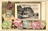 Budapest I. Királyi várpalota, Philatelie-Ansichtskarte, bélyegek, címer, litho (EK)
