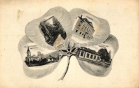 Diósgyőr, 600 éves mogyorófa, evangélikus templom, városháza; lóherés képeslap, Grünwald Ignácz kiadása / clover