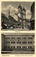 Székesfehérvár, Nádor utca, Grósz üveg és porcelán boltja, Meinl Gyula üzlete, automobil; a Ciszterci-rend Szent István gimnáziuma