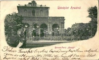 Arad, Baross Park, Kioszk / park, kiosk, 'Hotel Union Szálloda' So. Stpl. (EK)