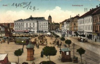 Arad, Szabadság tér, piac, villamos, Limbeck János és fia üzlete / square, market, tram, shop (EB)