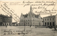 Karánsebes, Caransebes; Főtér a városházával, Kereskedők Egyesülete, Central kávéház, Karánsebes Takarékpénztár / main square with the town hall, Traders Association, coffe shop, savings bank (b)