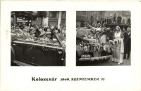 1940 Kolozsvár, Cluj; bevonulás, az ünneplők karlendítéssel köszöntik a német Wehrmacht jelenlévő tisztjét, hölgyek a Tűzoltóparancsnok gépkocsijával / entry of the Hungarian troops, German Army officer greeted by Hitler salute,