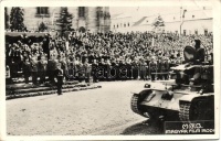 1940 Kolozsvár, Cluj; bevonulás, Horthy Miklós, tank / entry of the Hungarian troops, Horthy, tank, 'vissza' So. Stpl (EB)