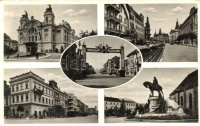 Kolozsvár, Cluj; 'Erdély Visszatér' díszkapu, Nemzeti Színház, Deák Ferenc utca, Hunyadi Mátyás szobra / 'Transylvania Returns' ornamental gate, National Theater, street, statue (EK)