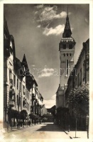 Marosvásárhely, Targu Mures; Ferenc József út, a Közigazgatási Palota tornya / Franz Joseph street, tower of the Administrative Palace (fl)