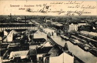 Temesvár, Timisoara; látkép, folyóval és uszályokkal, gyárépületek / general view with river and barges, industrial buildings (EK)