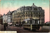 Temesvár, Timisoara; Lloyd és tőzsde palota, villamos 'Turul Cipő' hirdetéssel / Lloyd and stock exchange palace, tram with shoe advertisment (EK)