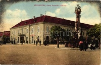Érsekújvár, Arany Oroszlán szálloda, Szentháromság szobor; kiadja Adler József / hotel, statue (b)