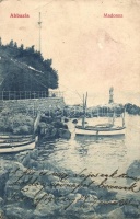 Abbazia, Madonna szobor, csónakok, hátoldalon sorsjegy Szegény gyermekpoliklinika javára / Madonna statue, boats, charity lottery ticket on the backside (fa)