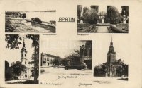 Apatin, Horthy Miklós út autóbusszal, Községháza, Római Katolikus templom, parkrészlet, Dunai részlet / street with autobus, town hall, catholic church, park detail, Danube river  bank (EK)