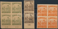 1916 Arató 40f négyestömb + 1919 Magyar posta 20f  pár és 45f négyestömb fogazatlan gumi nélküli próbanyomatok