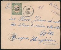 1907 Levél bérmentesítés nélkül az USA-ból 50f portóbélyegzővel és 50f 1905 kiadású portóbélyeggel (bélyegzés nélkül)