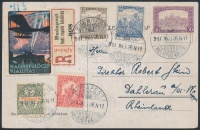1917 Ajánlott képeslap Hadi repülő kiállítás ragjeggyel, levélzáróval és alkalmi bélyegzéssel Németországba