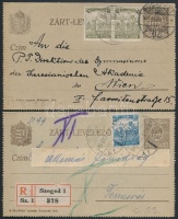1918 2 db Zárt levelezőlap 'SZEGED' - Temesvár és 'BUDAPEST' - Wien kiegészítő frankatúra nyomdai jelzéssel