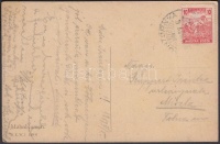 1919 Magyar Posta elfogazott 10f törött '1' a jobb oldali értékszámban, képeslapon