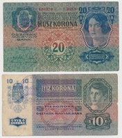 1913. 20K + 1915. 10K mindkettő 'Arad Vármegye Mikószalatna Község 1910' felülbélyegzéssel T:III,III-