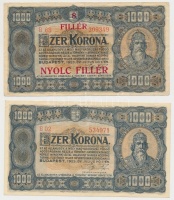 1923. 1000K 'Magyar Pénzjegynyomda Rt. Budapest' + 1000K '8 FILLÉR - NYOLC FILLÉR' felülnyomással T:III