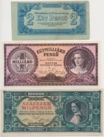 1944. 2P 'A Vörös Hadsereg Parancsnoksága' + 1946. 1.000.000.000P + 100.000MP mindhárom vágáshibás bankjegy T:II,III