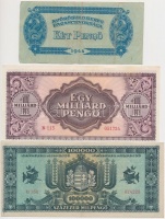 1944. 2P 'A Vörös Hadsereg Parancsnoksága' + 1946. 1.000.000.000P + 100.000MP mindhárom vágáshibás bankjegy T:II,III