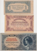 1944. 1P 'A Vörös Hadsereg Parancsnoksága' + 1946. 10.000MP + 10.000.000MP + 100.000AP mind a négy vágáshibás bankjegy T:II,III