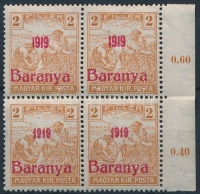 Baranya I. 1919 Arató 2f ívszéli négyestömb, 2 érték antikva számokkal, Bodor vizsgálójellel (2.700+)
