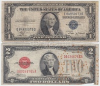 Amerikai Egyesült Államok 1928F 2$ vörös pecséttel + 1935B 1$ kék pecséttel T:III- foltos
USA 1928F 2 Dollars with red seal + 1935B 1 Dollar with blue seal C:VF spots