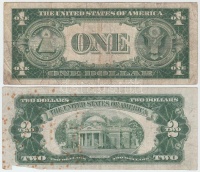 Amerikai Egyesült Államok 1928F 2$ vörös pecséttel + 1935B 1$ kék pecséttel T:III- foltos
USA 1928F 2 Dollars with red seal + 1935B 1 Dollar with blue seal C:VF spots