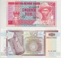 Guinea-Bissau 1990. 50P + Burundi 2005. 100Fr T:I 
Guinea-Bissau 1990. 50 Pesos + Burundi 2005. 100 Francs C:UNC