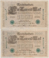 Német Birodalom 1910. 1000M hétjegyű sorszám, zöld pecséttel (2x) az egyiknél eltolódott nyomat T:III
German Empire 1910. 1000 Mark 7 digits with green seal (2x) one with shifted print C:F