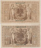 Német Birodalom 1910. 1000M hétjegyű sorszám, zöld pecséttel (2x) az egyiknél eltolódott nyomat T:III
German Empire 1910. 1000 Mark 7 digits with green seal (2x) one with shifted print C:F