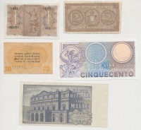 Olaszország 1914. 2L + Olaszország/Velence/osztrák-magyar megszállás 1918. 10c + Olaszország 1939. 1L + 1969. 1000L + 1976. 500L T:I--III
Italy 1914. 2 Lire + Italy/Venice/Austrian-Hungarian occupation 1918. 10 Centesimi + 1939. 1 Lira +
