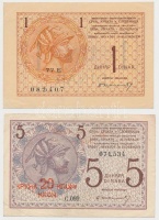Szerb-Horvát-Szlovén Királyság 1919. 1D + 5D '20K' felülbélyegzéssel T:III
Kingdom of the Serbs, Croats and Slovenes 1919. 1 Dinar + 5 Dinara with '20 Kronen' overprint C:F