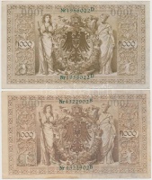 Vegyes: Német Birodalom 1910. 1000M hétjegyű sorszám, zöld pecséttel (6x) + Lengyelország 1919. 1000M T:vegyes
Mixed: German Empire 1910. 1000 Mark 7 digits with green seal (6x) + Poland 1919. 1000 Marek C:mixed