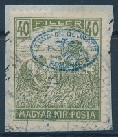 Debrecen 1919 I lemez / Plate I Arató 40f kék felülnyomással (80.000) / Harvester 40f, blue overprint. Signed: Bodor