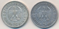 Német 3. Birodalom 1936A 5M Ag 'Hindenburg' (2x) T:2- ph.
German Third Reich 1936A 5 Mark Ag 'Hindenburg' (2x) C:VF edge error