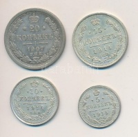 Orosz Birodalom 1907. 20k Ag + 1914. 5k Ag + 10k Ag + 15k Ag T:1-,2,2
Russian Empire 1907. 20 Kopeks Ag + 1914. 5 Kopeks Ag + 10 Kopeks Ag + 15 Kopeks Ag C:AU,XF,VF