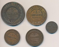 Orosz Birodalom 1911. 1/2k Cu + 1k Cu + 3k Cu + 5k Cu + 1912. 2k Cu T:2,2-
Russian Empire 1911. 1/2 Kopek Cu + 1 Kopek Cu + 3 Kopeks Cu + 5 Kopeks Cu + 1912. 2 Kopeks Cu C:XF,VF