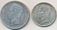 Venezuela 1954. 1B Ag + 1960. 2B Ag T:2
Venezuela 1954. 1 Bolivar Ag + 1960. 2 Bolivares Ag C:XF
Krause Y# 37,Y# A37