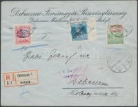 Debrecen 1919 Cenzúrás helyi ajánlott levél rajta I. lemez Magyar Posta 5f  (min. 600.000) / Censored, registered local cover franked with Mi XVII, 13, 59b Signed: Bodor